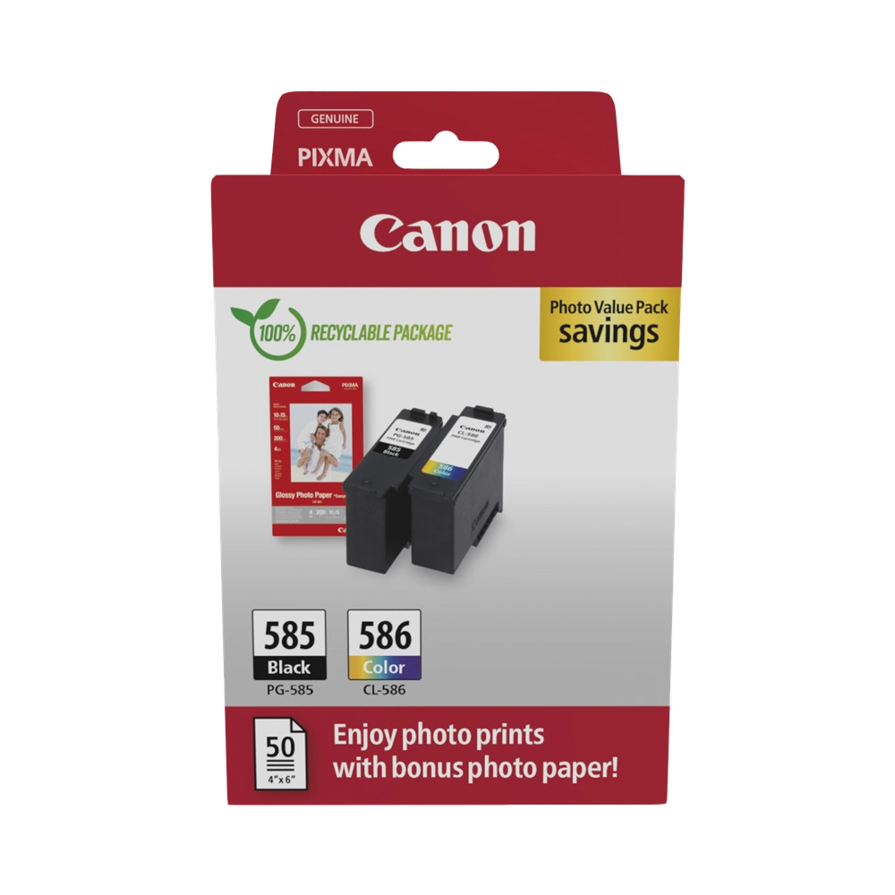 ORIGINAL Canon Value Pack nero / ciano / magenta / giallo PG-585+CL586 + 10x15 cm Fotopapier 50 Blatt ~360 Seiten