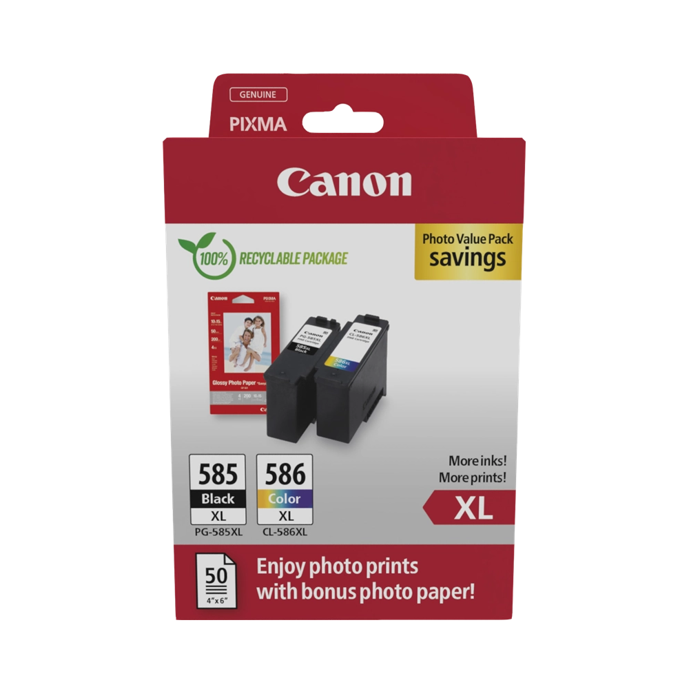 ORIGINAL Canon Value Pack nero / ciano / magenta / giallo PG-585XL+CL-586XL + 10x15 cm Fotopapier 50 Blatt ~600 Seiten