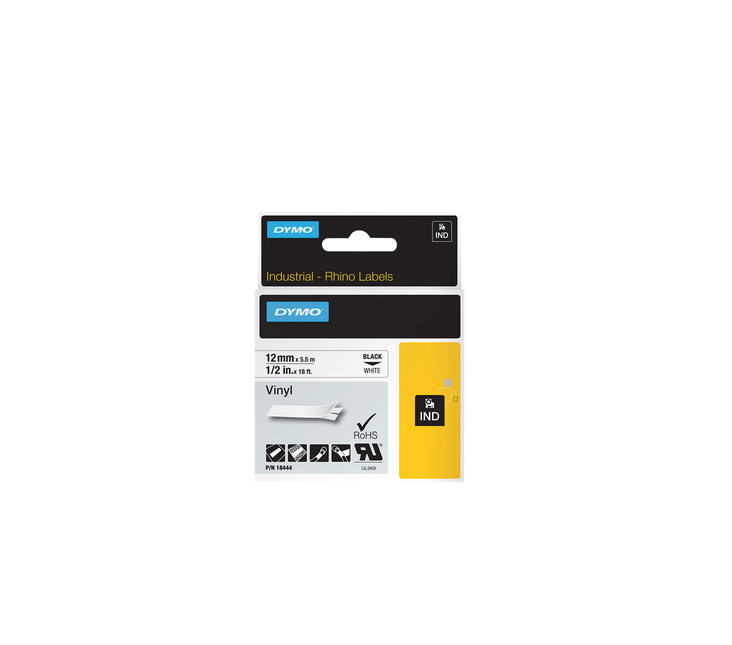 ORIGINAL DYMO Nastro Nero su bianco S0718600 18444 Nastro in vinile, Rhino, IND, 12mm x 5,5m, nero su bianco