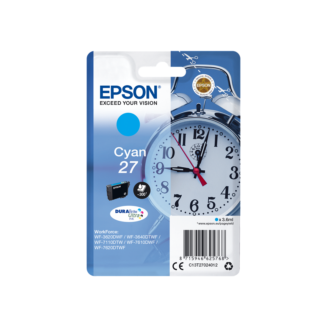 ORIGINAL Epson Cartuccia d'inchiostro ciano C13T27024012 27 ~300 Seiten 3,6ml