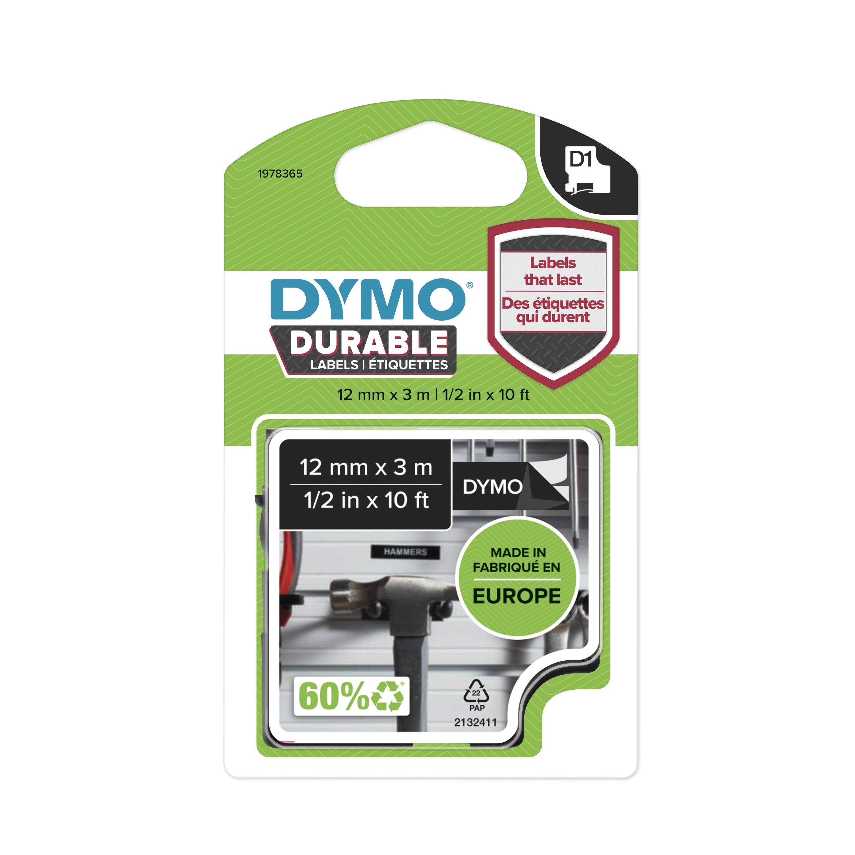 DYMO D1 etichette durevoli originali | 12 mm x 3 mm | stampa bianca su nero | etichette autoadesive che durano sulle superfici impegnative | per etichettatrice LabelManager | 1 Pezzo
