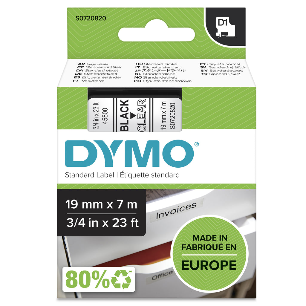 DYMO D1 etichette originali | 19 mm x 7 mm | stampa nera su trasparente | etichette autoadesive per etichettatrice LabelManager | 1 Pezzo