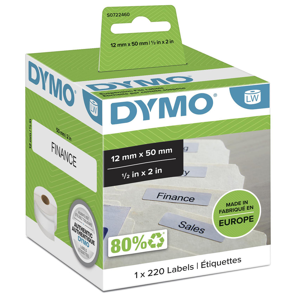 DYMO LW etichette originali per cartelle sospese | 12 mm x 50 mm | 12 rotoli da 220 etichette facilmente staccabili | autoadesive | per etichettatrici LabelWriter