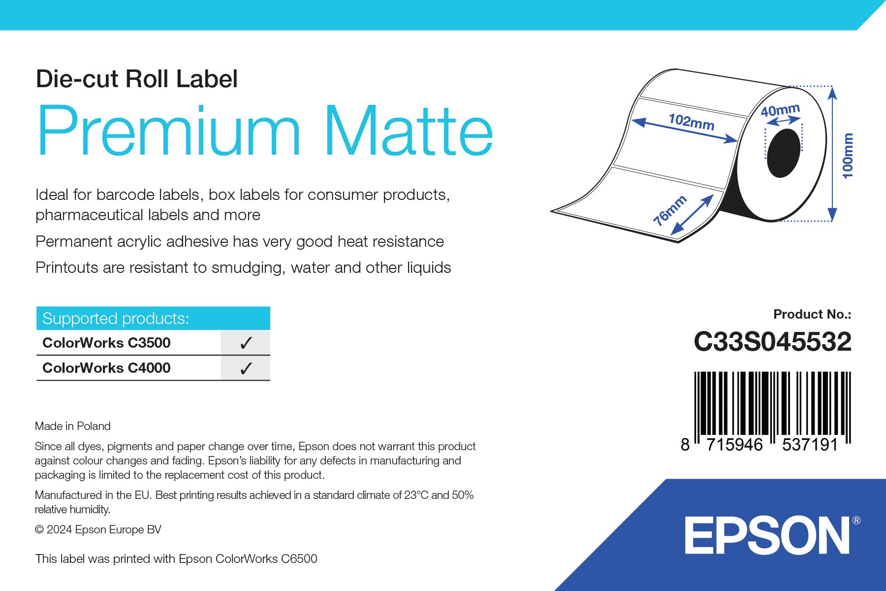 Epson Premium Matte Label - Die-cut Roll: 102mm x 76mm, 440 labels