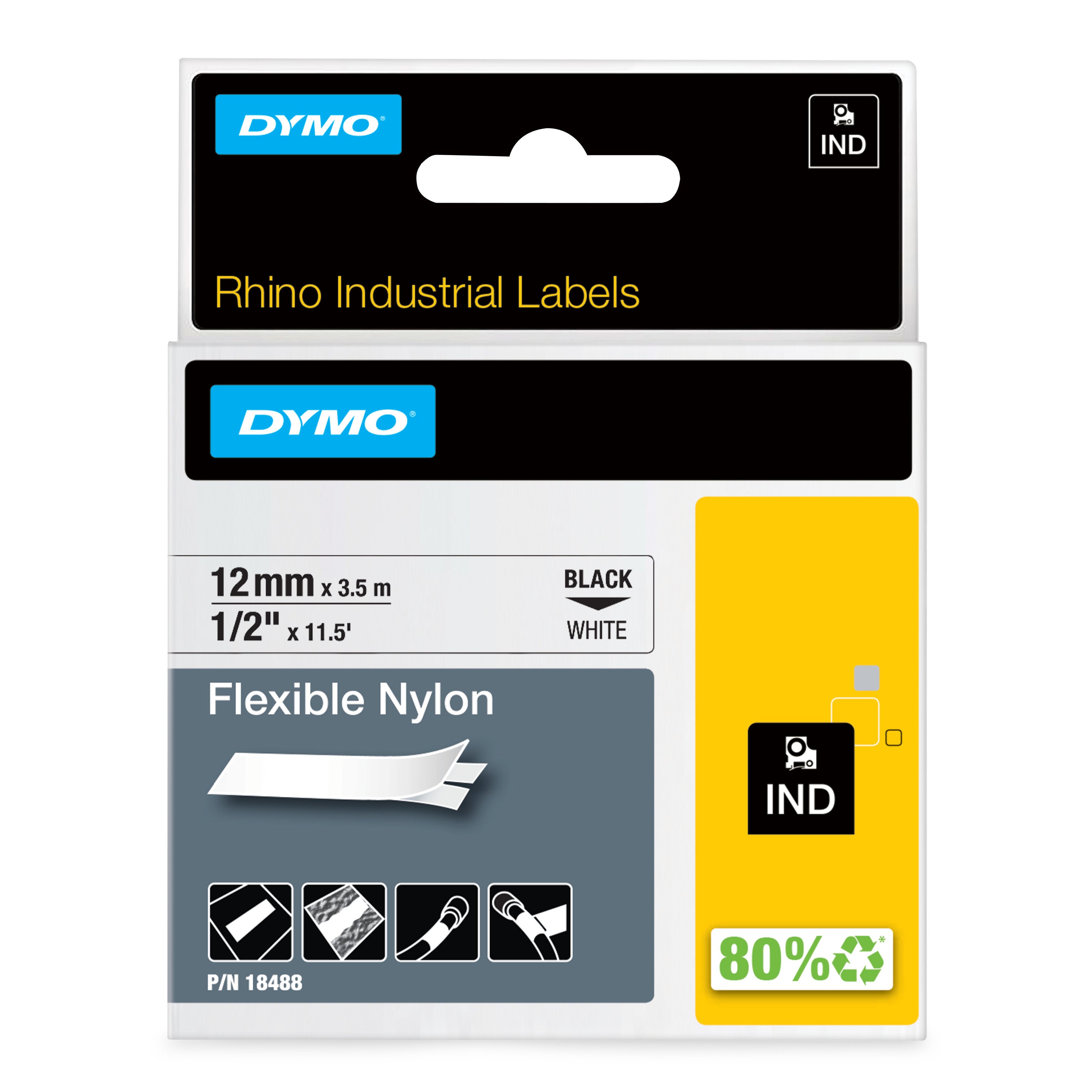 DYMO Rhino etichette industriali flessibili in nylon autoadesive | rotolo da 12 mm x 3,5 m | stampa nera su bianco