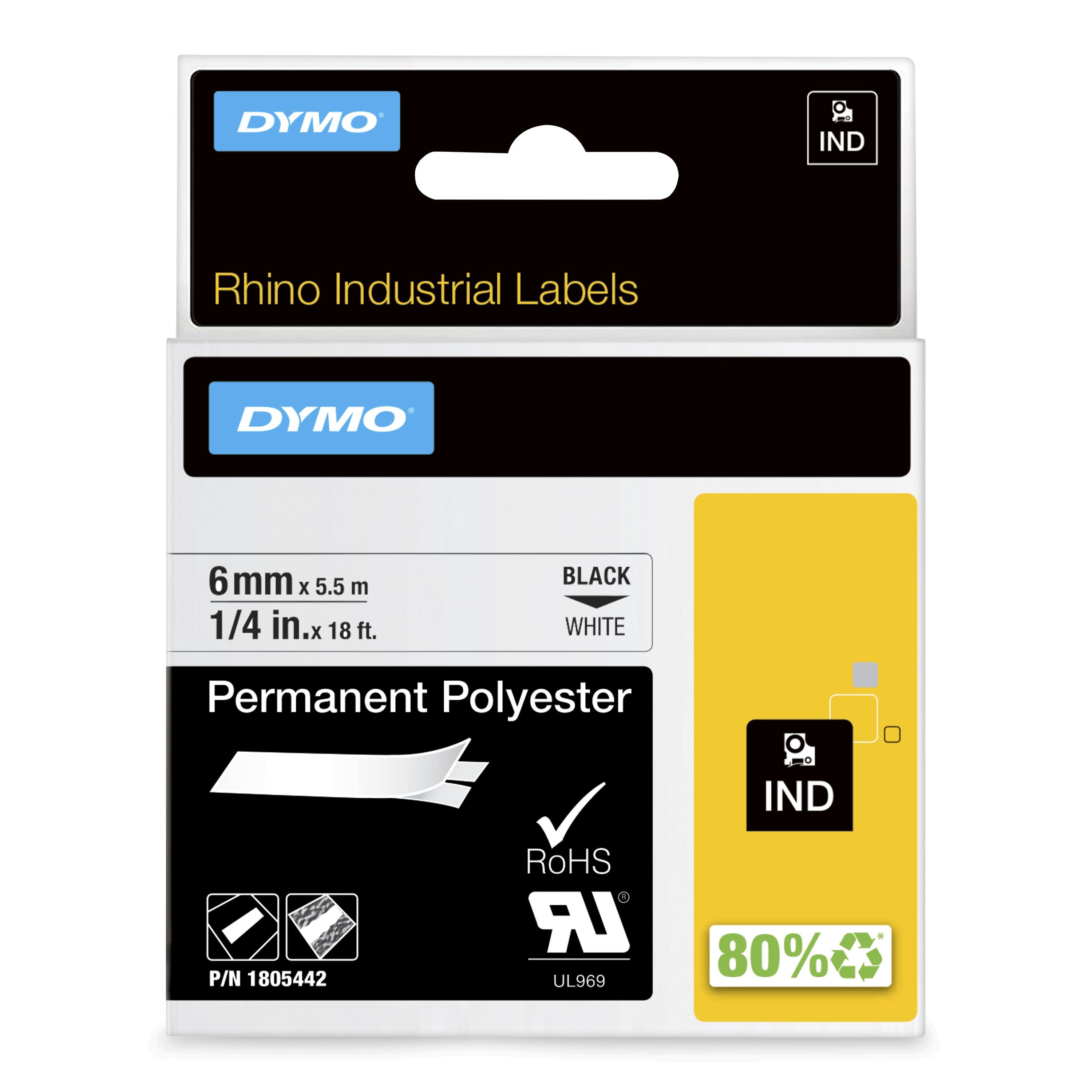 DYMO Rhino Etichette in poliestere permanenti industriali | 6 mm x 5,5 m | Stampa nera su bianco | Autoadesive | per stampanti di etichette Rhino e LabelManager