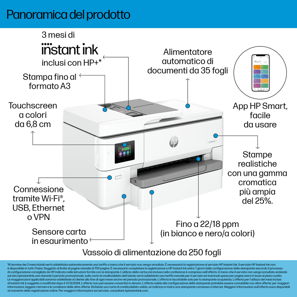 HP OfficeJet Pro 9720e Wireless All-in-One Colore Stampante, Stampa fronte/retro; fotocopiatrice, scanner