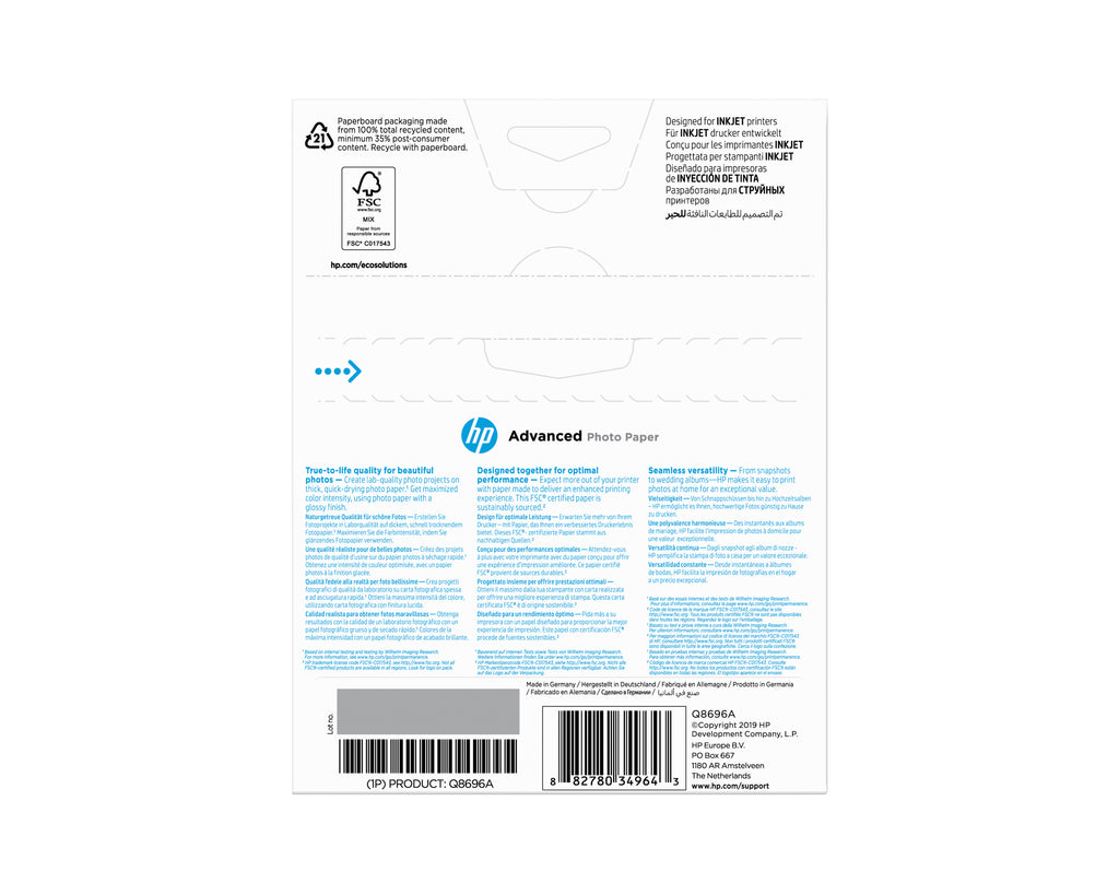 HP Carta fotografica Advanced, lucida, 250 g/m2, 13" x 18" (127 x 178 mm), 25 fogli