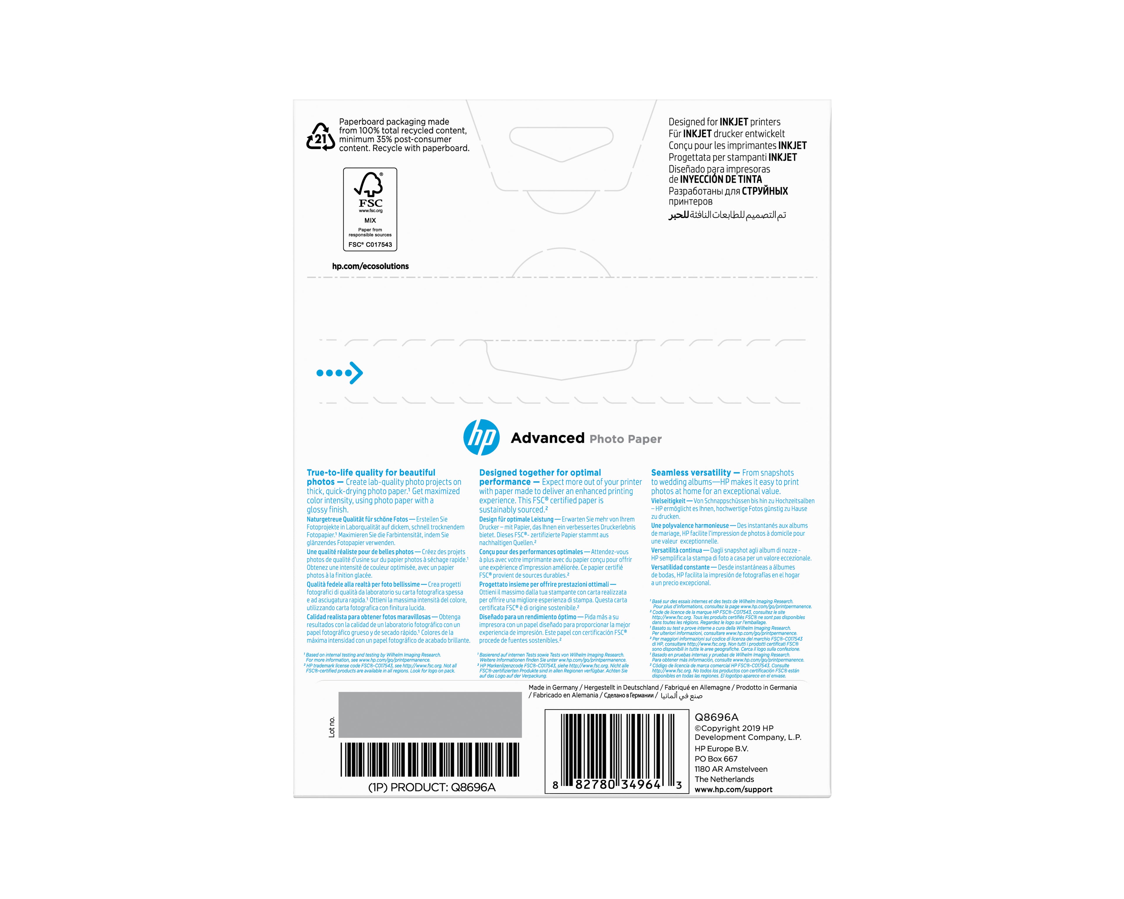 HP Carta fotografica Advanced, lucida, 250 g/m2, 13" x 18" (127 x 178 mm), 25 fogli