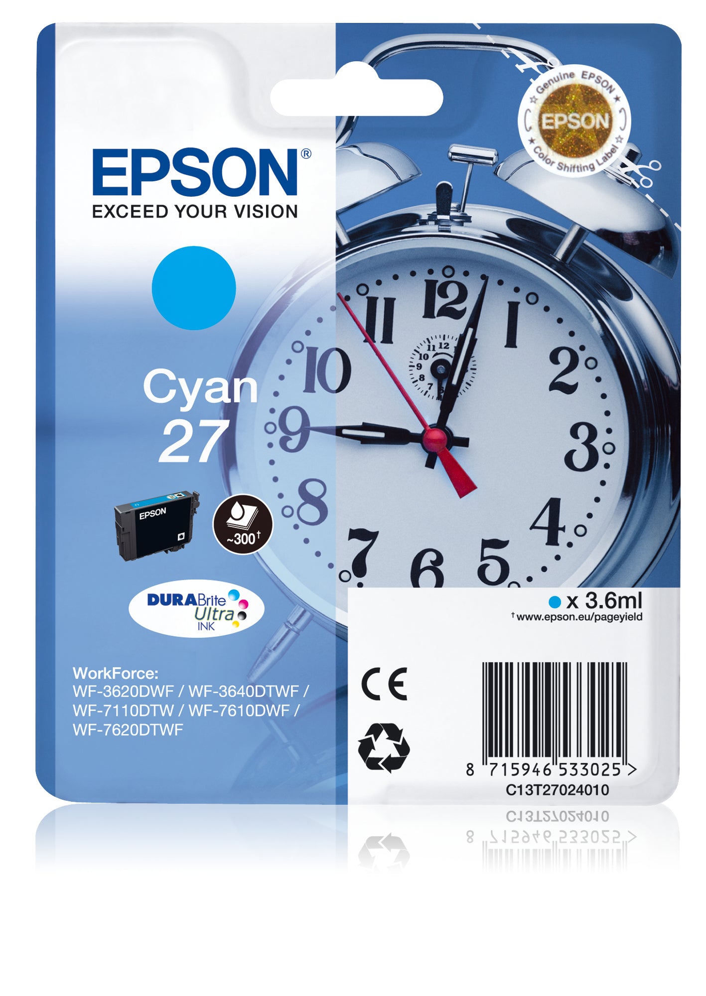Epson Alarm clock Singlepack Cyan 27 DURABrite Ultra Ink