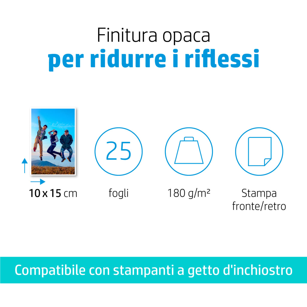 HP Carta fotografica opaca, 180 g/m2, 10 x 15 cm (101 x 152 mm), 25 fogli