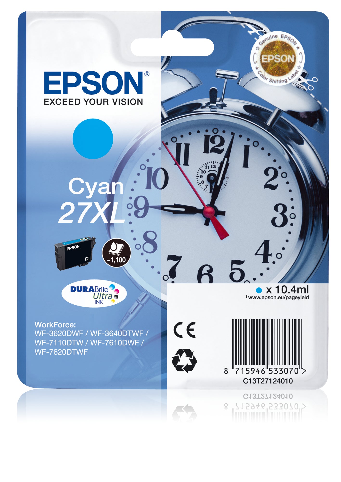 Epson Alarm clock Singlepack Cyan 27XL DURABrite Ultra Ink