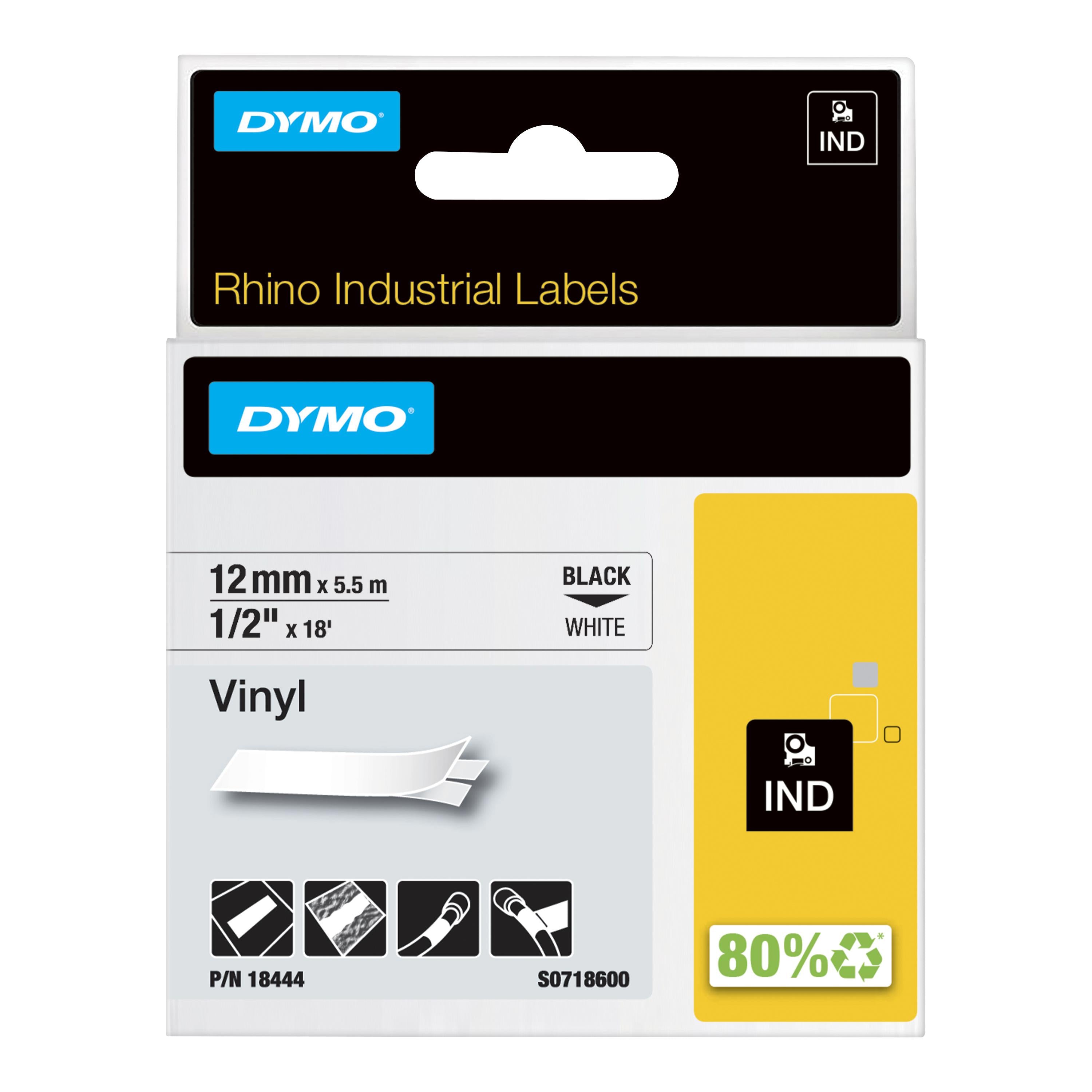 DYMO Rhino etichette industriali in vinile autoadesive | rotolo da 12 mm x 5,5 m | stampa nera su bianco