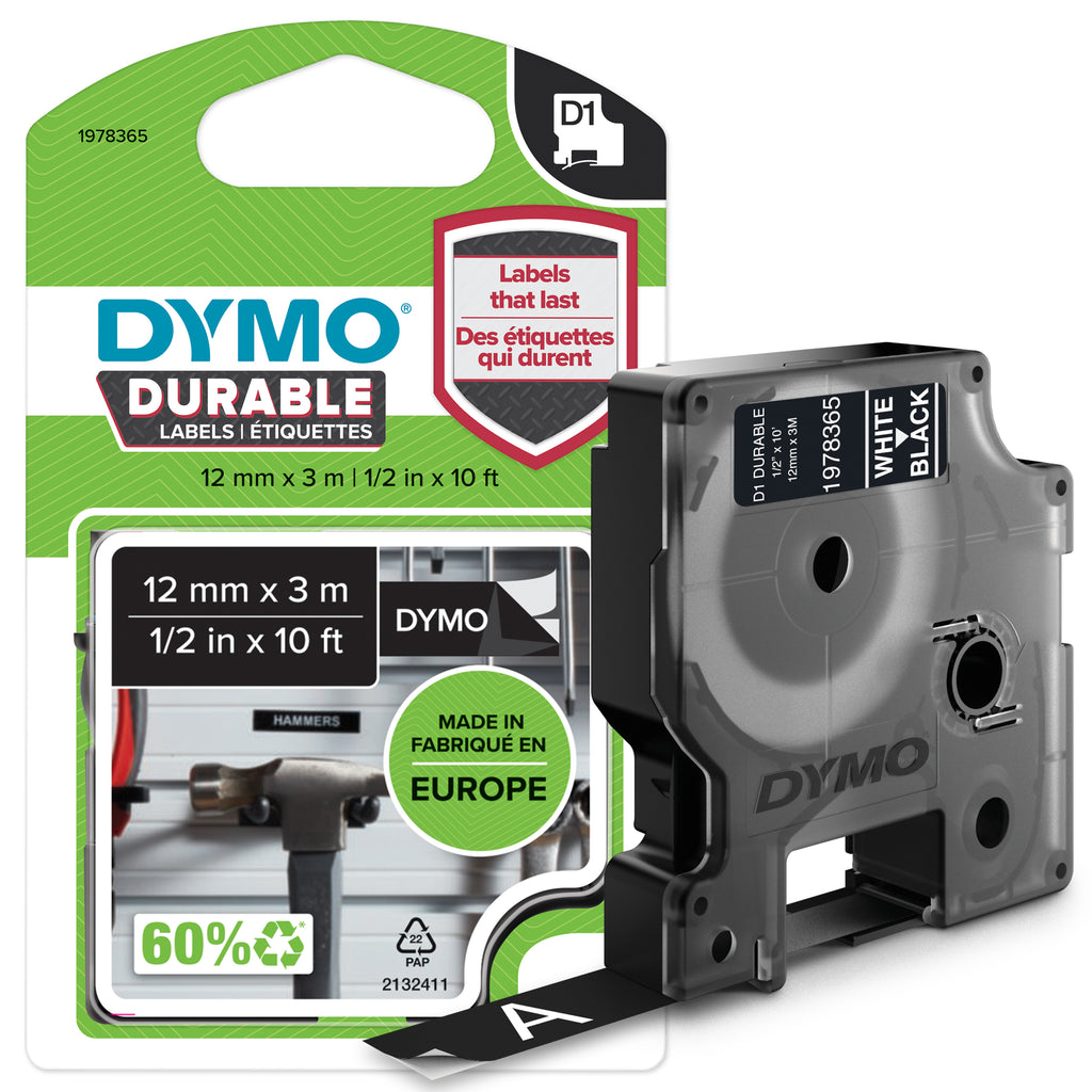 DYMO D1 etichette durevoli originali | 12 mm x 3 mm | stampa bianca su nero | etichette autoadesive che durano sulle superfici impegnative | per etichettatrice LabelManager | 1 Pezzo