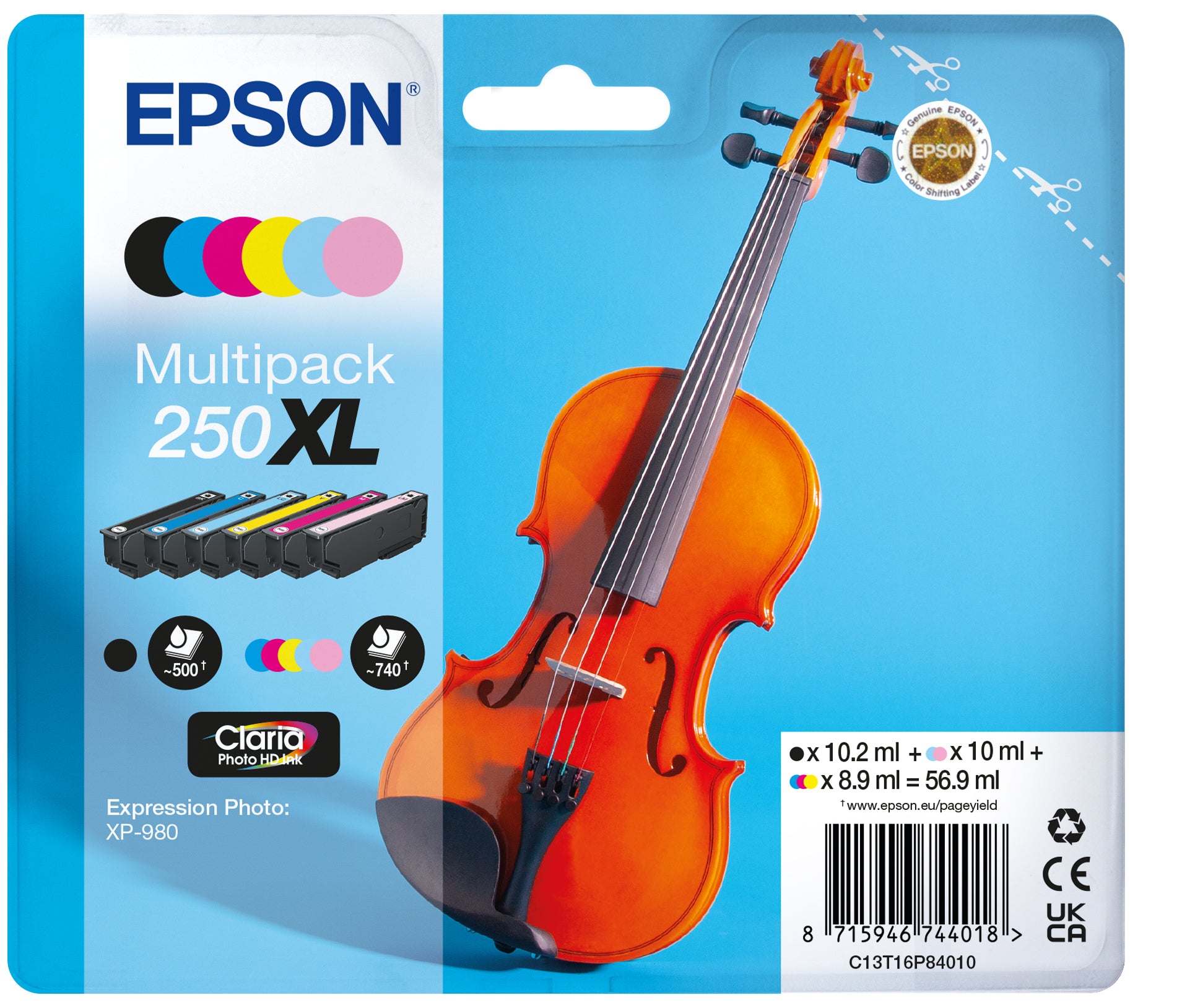 Epson 250XL Violin Claria Photo HD cartuccia d'inchiostro 6 pz Originale Resa elevata (XL) Nero, Ciano, Ciano chiaro, Magenta chiaro, Magenta, Giallo