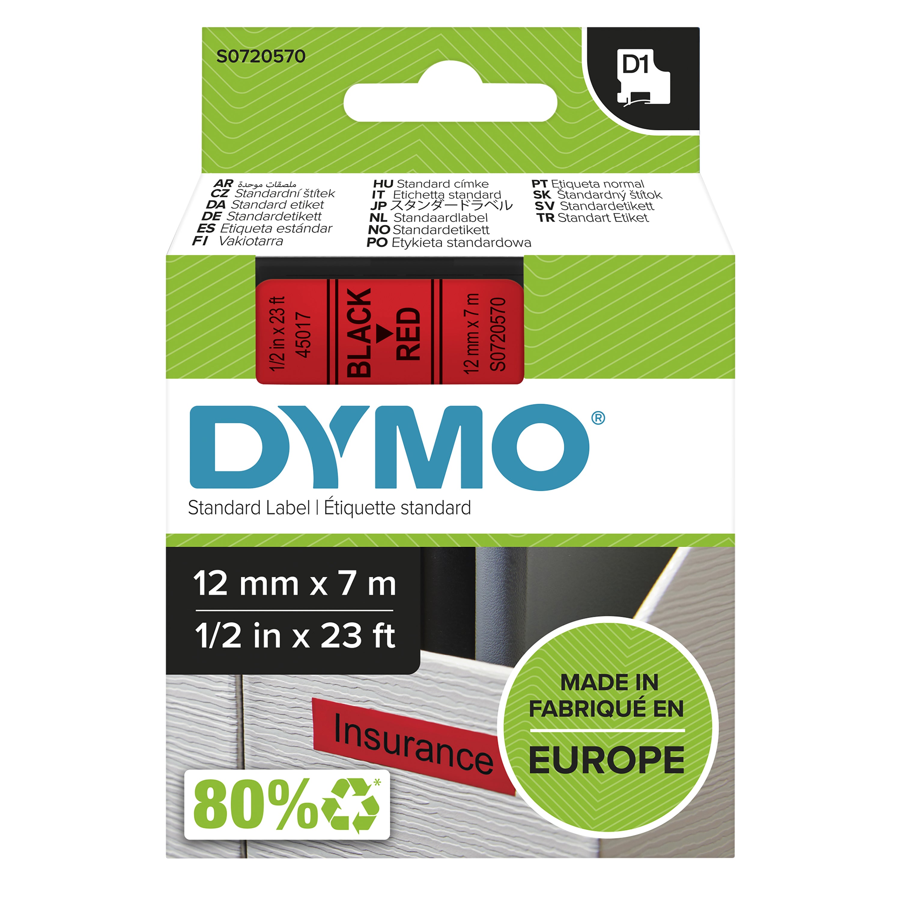 DYMO D1 etichette originali | 12 mm x 7 mm | stampa nera su rosso | etichette autoadesive per etichettatrice LabelManager | 1 Pezzo