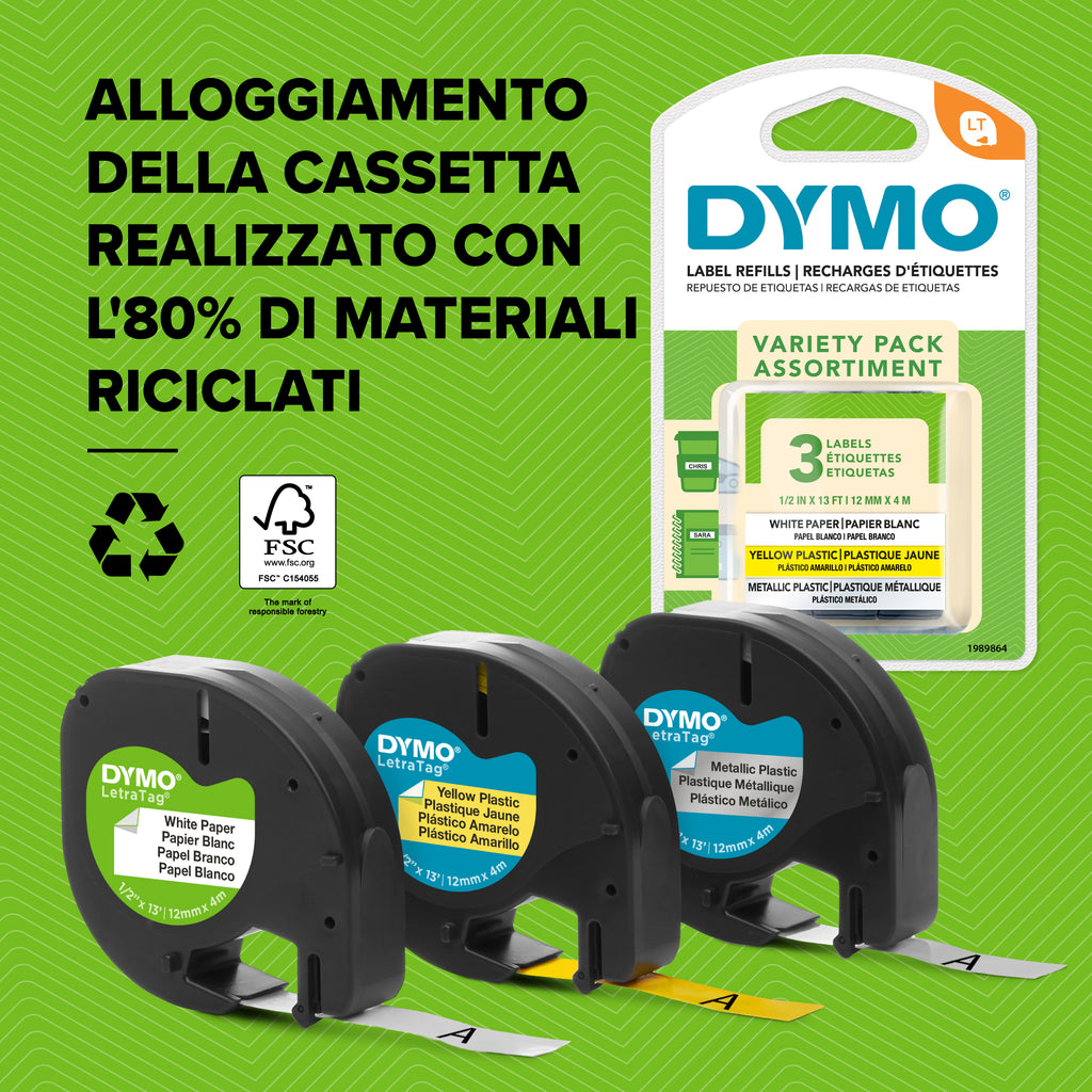 DYMO LetraTag etichette originali in plastica | rotolo da 12 mm x 4 m | stampa nera su bianco | LT etichette autoadesive per etichettatrice LetraTag | 1 pezzo
