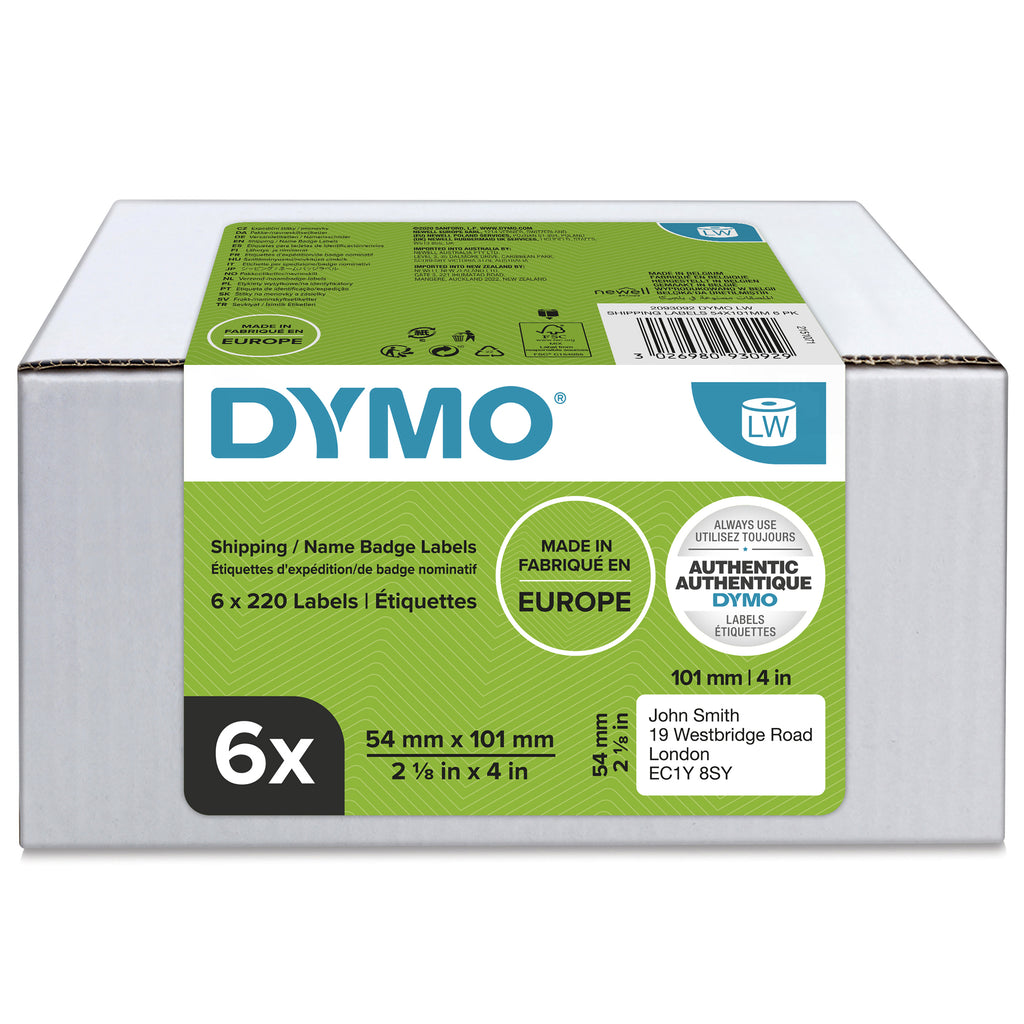 DYMO LW etichette originali grandi per spedizioni | 54x101 mm | 6 rotoli da 220 etichette facili da staccare (1.320 pezzi) | autoadesive | per etichettatrici LabelWriter