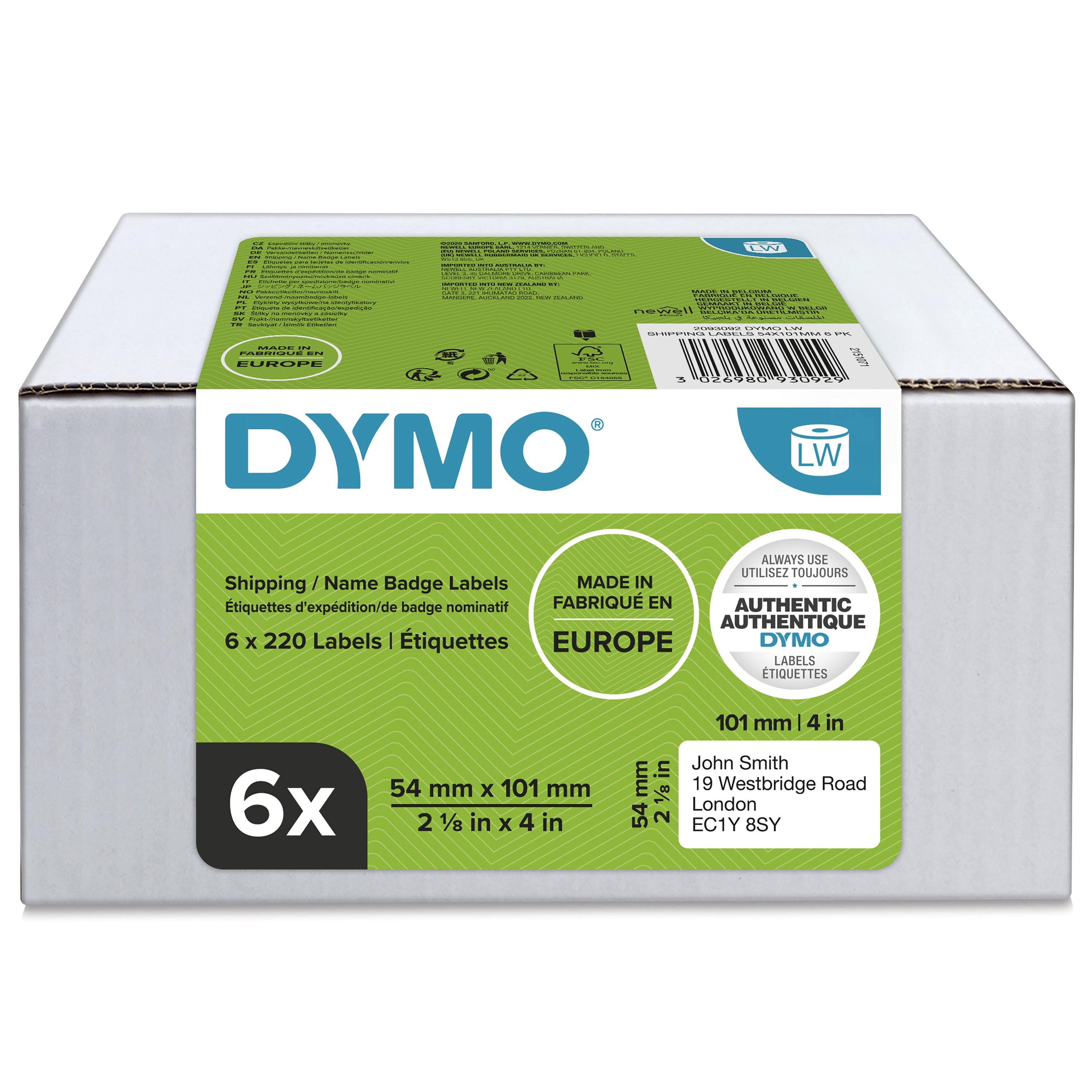 DYMO LW etichette originali grandi per spedizioni | 54x101 mm | 6 rotoli da 220 etichette facili da staccare (1.320 pezzi) | autoadesive | per etichettatrici LabelWriter