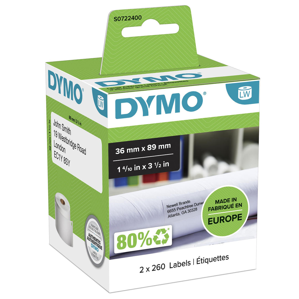 DYMO LW etichette per indirizzi grandi | 36 mm x 89 mm | 2 rotoli da 260 etichette facilmente staccabili (520 etichette) | autoadesive | per etichettatrici LabelWriter | originali