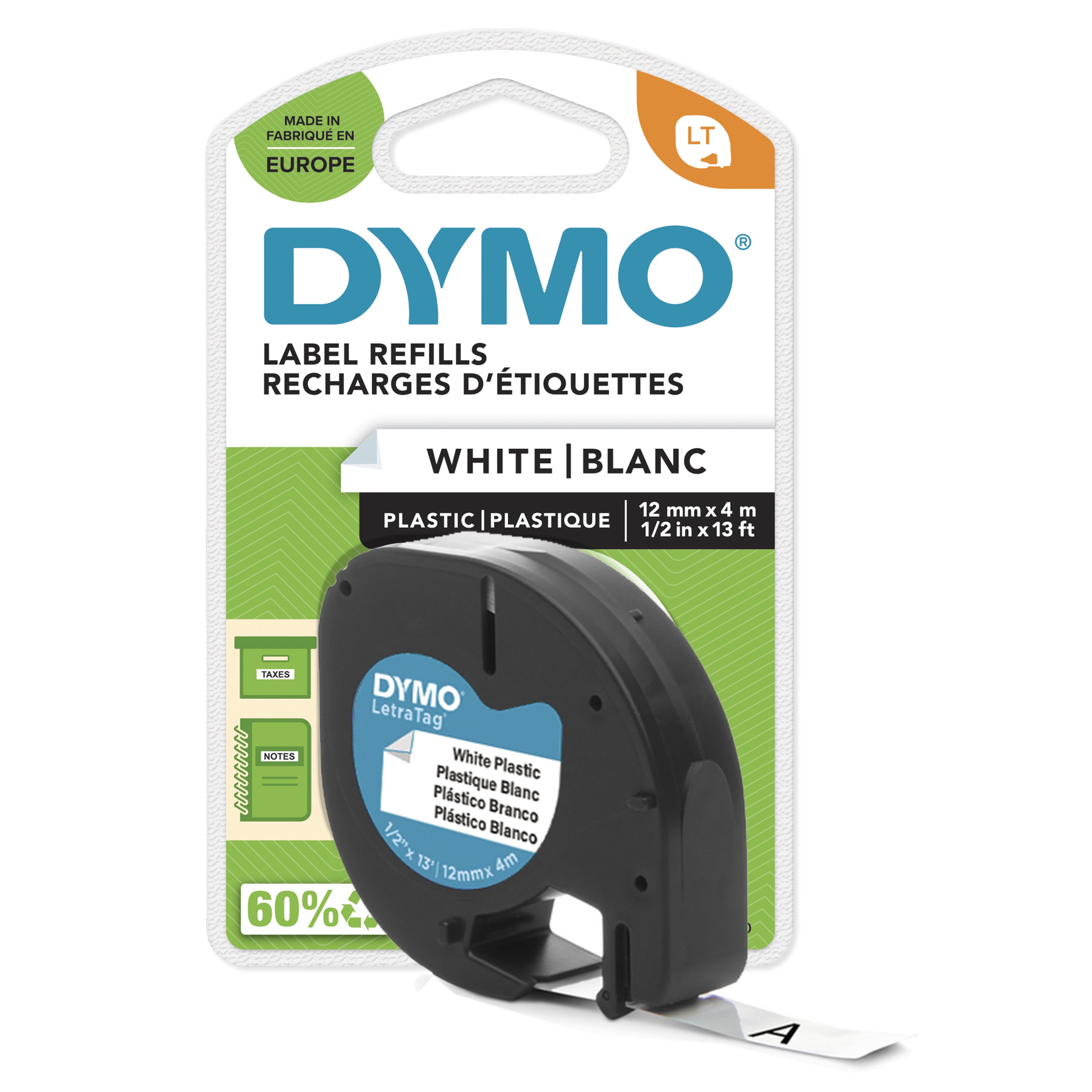 DYMO LetraTag etichette originali in plastica | rotolo da 12 mm x 4 m | stampa nera su bianco | LT etichette autoadesive per etichettatrice LetraTag | 1 pezzo