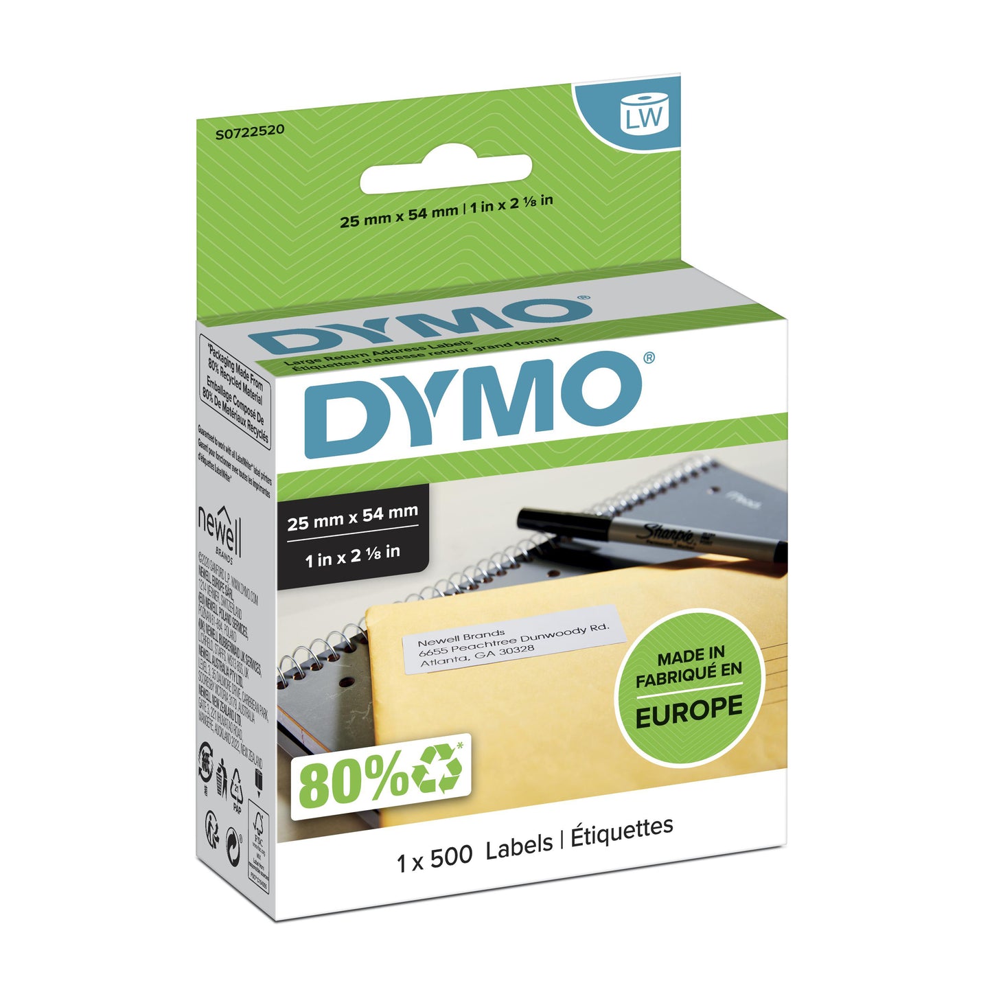 DYMO LW etichette di ritorno originali | 25 mm x 54 mm | 12 rotoli da 500 etichette facilmente staccabili | autoadesive | per etichettatrici LabelWriter | originali