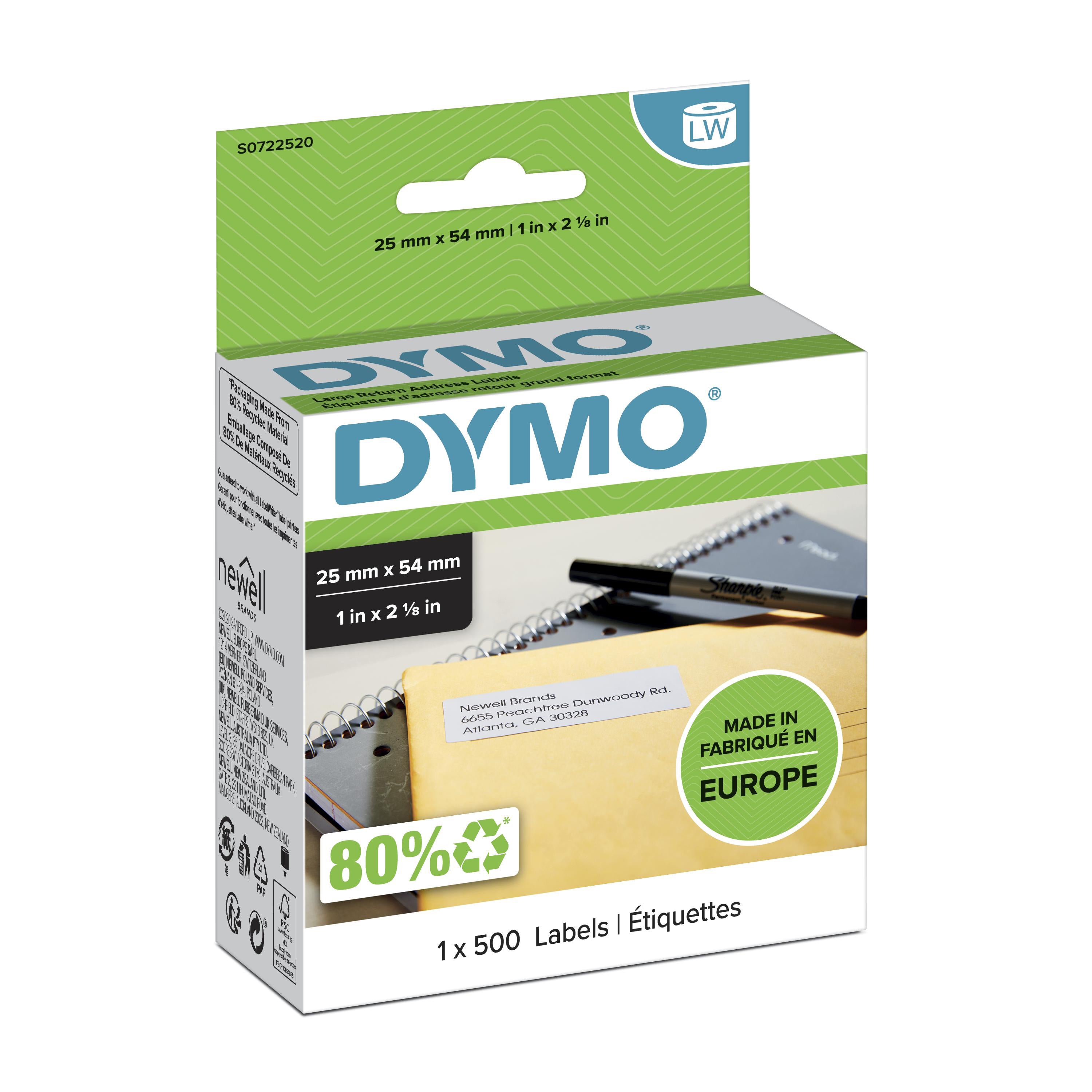 DYMO LW etichette di ritorno originali | 25 mm x 54 mm | 12 rotoli da 500 etichette facilmente staccabili | autoadesive | per etichettatrici LabelWriter | originali