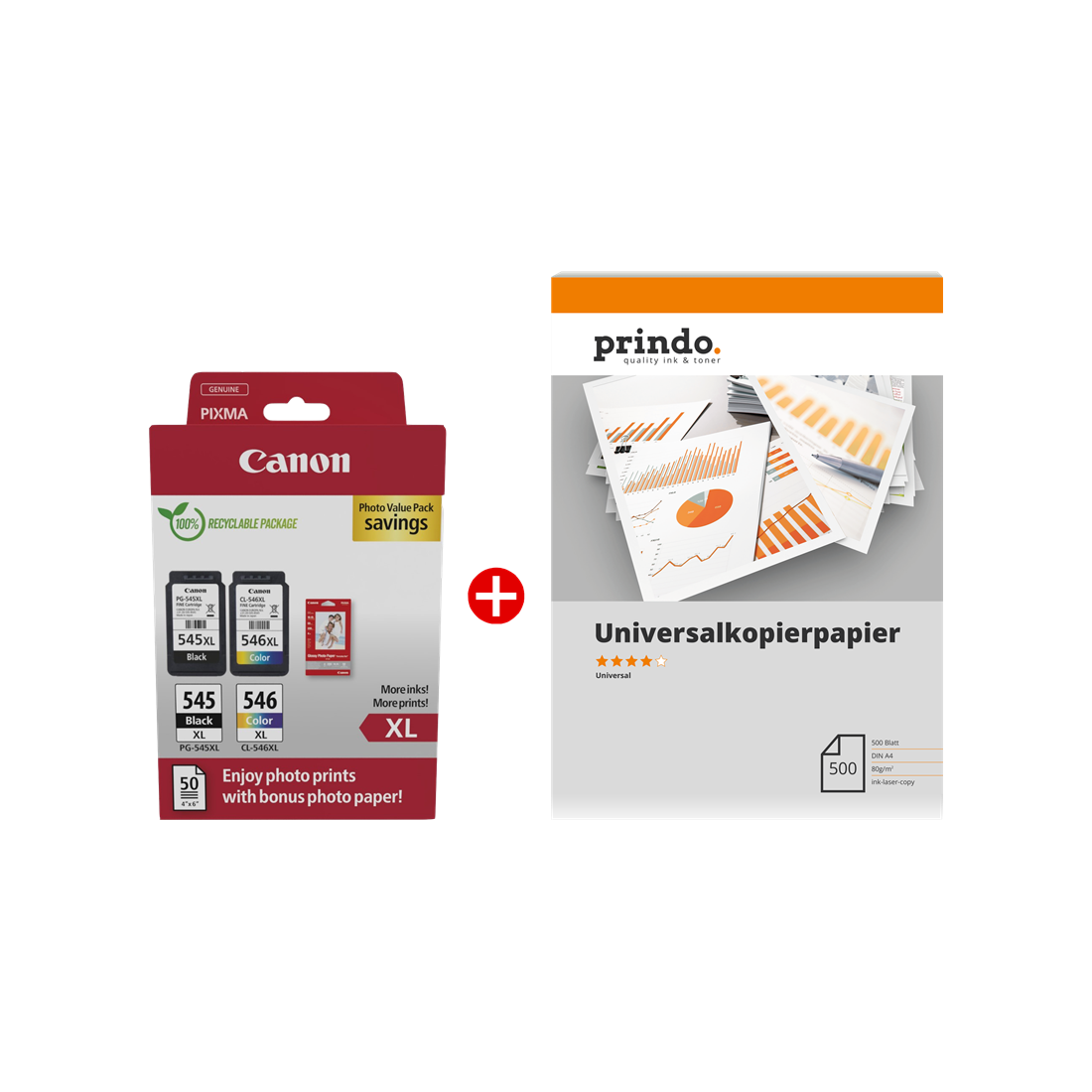 ORIGINAL Canon Value Pack nero / differenti colori / Bianco PG-545XL+CL-546XL MCVP + Prindo Universal Papier 500 Blatt ~700 Seiten