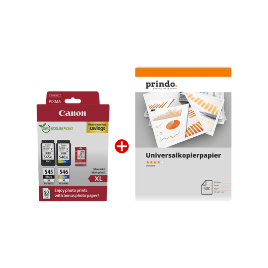 ORIGINAL Canon Value Pack nero / differenti colori / Bianco PG-545XL+CL-546XL MCVP + Prindo Universal Papier 500 Blatt ~700 Seiten