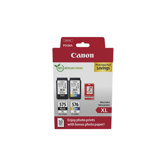 ORIGINAL Canon Value Pack nero / differenti colori / Bianco PG-575XL+CL-576XL + 10x15 cm Fotopapier 50 Blatt ~700 Seiten