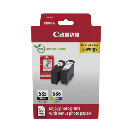 ORIGINAL Canon Value Pack nero / ciano / magenta / giallo PG-585+CL586 + 10x15 cm Fotopapier 50 Blatt ~360 Seiten