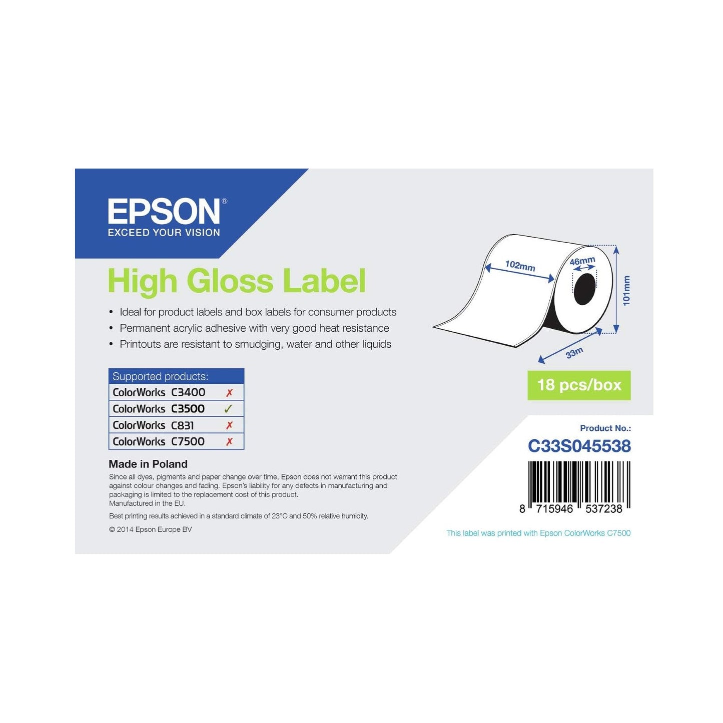 Epson Rot.Carta Cont.Adesiva High Gloss Label ‎C33S045538