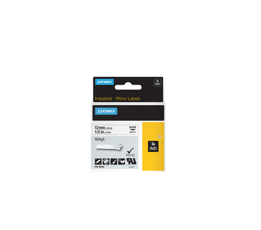 ORIGINAL DYMO Nastro Nero su bianco S0718600 18444 Nastro in vinile, Rhino, IND, 12mm x 5,5m, nero su bianco