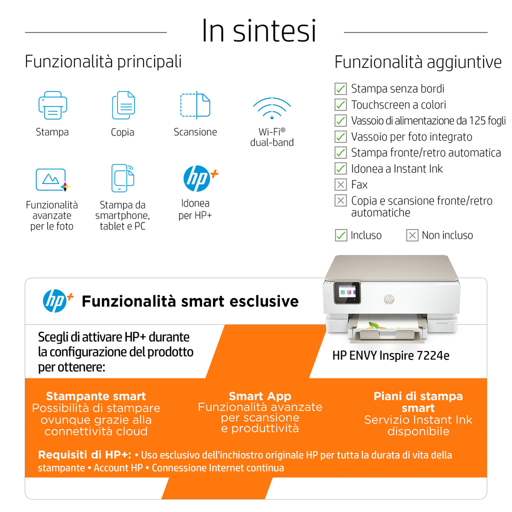 HP ENVY Inspire 7224e Wireless All-in-One Colore Stampante, Instant Ink; Fotocopiatrice, scanner