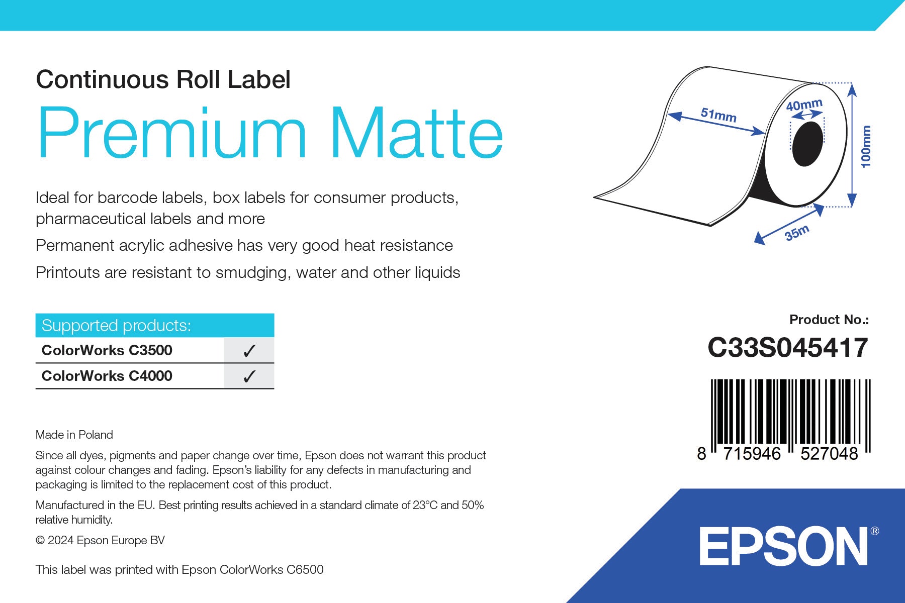 Epson Premium Matte Label - Continuous Roll: 51mm x 35m
