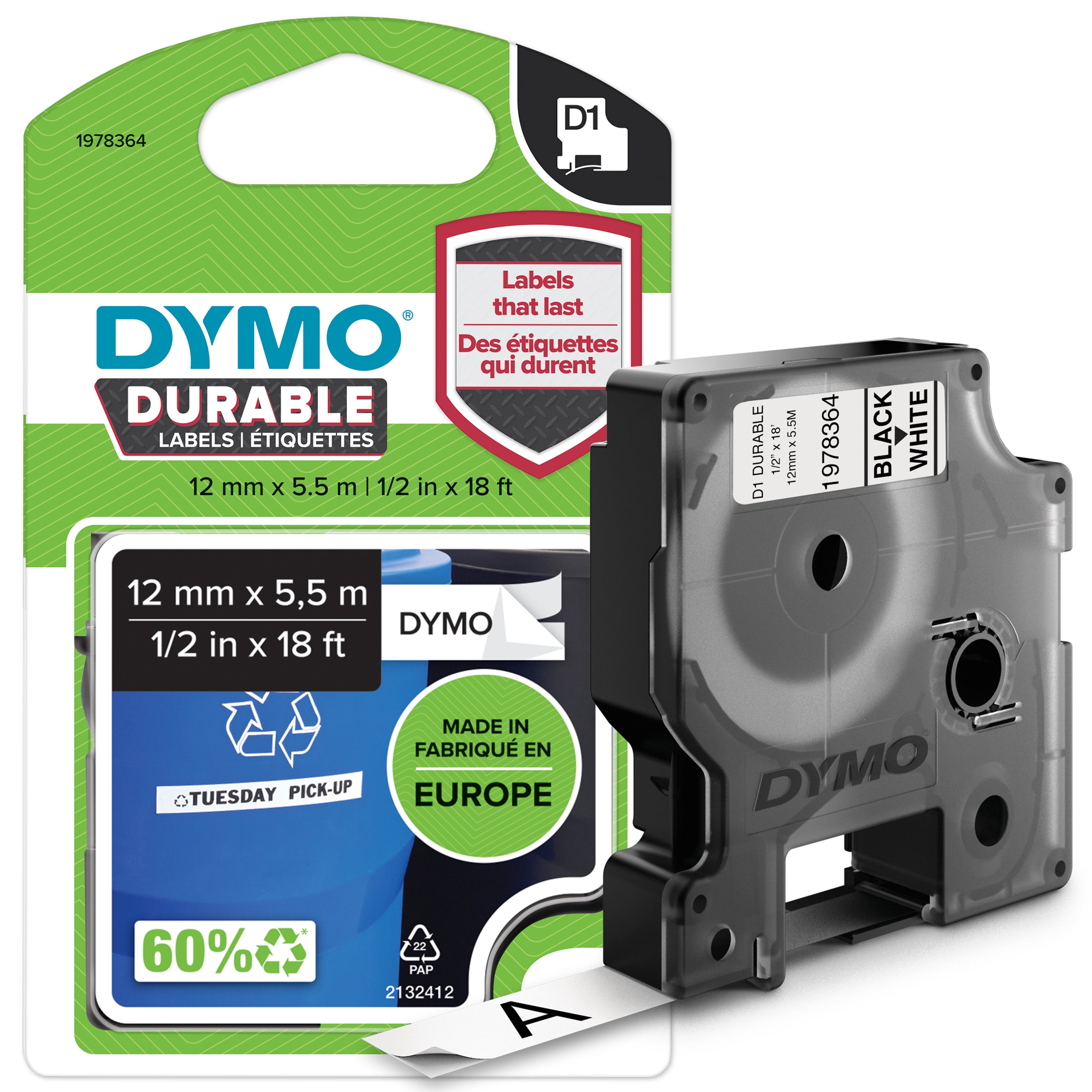 DYMO D1 etichette durevoli originali | 12 mm x 5 mm | stampa bianca su nero | etichette autoadesive che durano sulle superfici impegnative | per etichettatrice LabelManager | 1 Pezzo