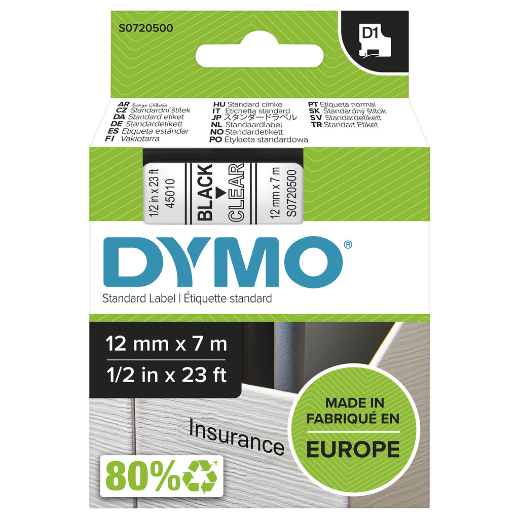 DYMO D1 etichette originali | stampa nera su trasparente | 12 mm x 7 m | etichette autoadesive per etichettatrice LabelManager | 1 Pezzo